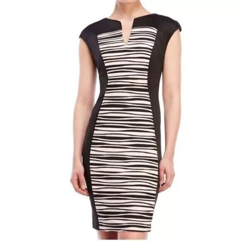 Covington Size 10 Black Cream Striped Slimming Midi Sheath Dress